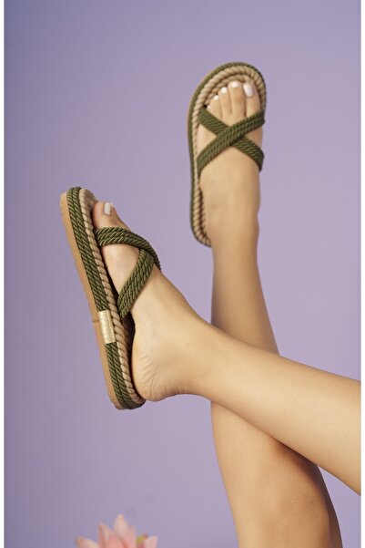 PASSAGE SHOES 6142 Khaki Rope Rope Flat Women's Slippers