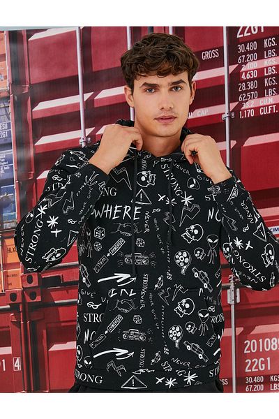 Koton Printed Hooded Sweatshirt with Pocket Detail