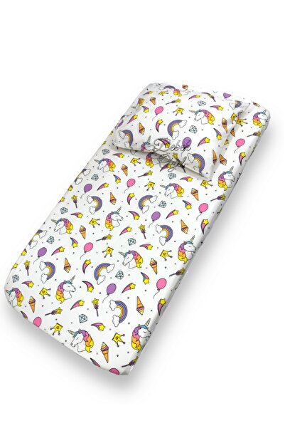 Bebek Özel Children's Elastic Sheet and Pillowcase White Unicorn Patterned 55...