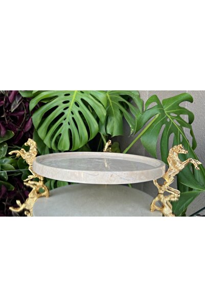 MIARIK DESIGN & DEKORASYON Dekoratif Bej Mermer Pirinç Gold At Ayaklı Sunum T...