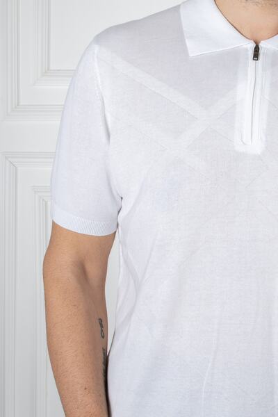 San&Fa Поло з коміром на блискавці, тонкий трикотаж, геометричний візерунок, біла футболка