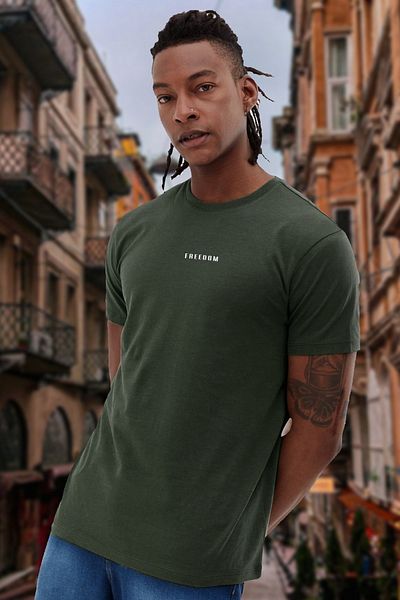 BESSA Μπλουζάκι Freedom Printed Comfortable Fit Khaki Crew Neck T-shirt