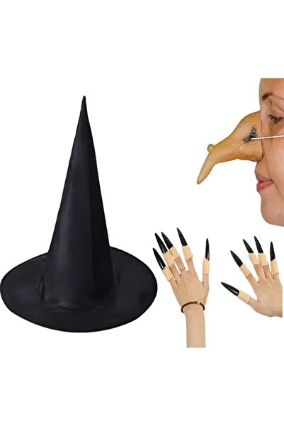 Happyland Halloween Halloween Black Witch Hat with Nose and 10 Nails