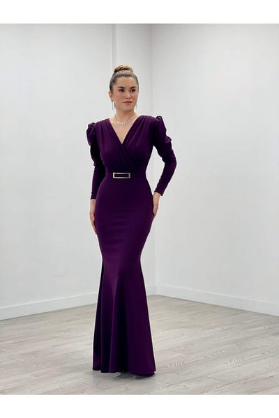 giyimmasalı Crepe Fabric Double Breasted Collar Fish Dress - Eggplant Purple