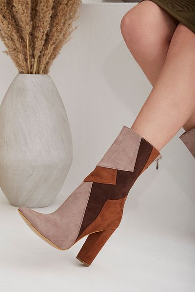 AYAKKABI PRENSİ Terika Patterned Stone-dark Brown-tan Suede 10 cm Γυναικείες Μπότες & Μποτάκια, Ψηλοτάκουνα