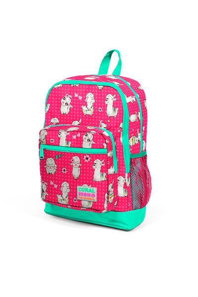 Coral High Kids Neon Coral Water Green Alpaca Patterned Four Compartment School Backpack 23466