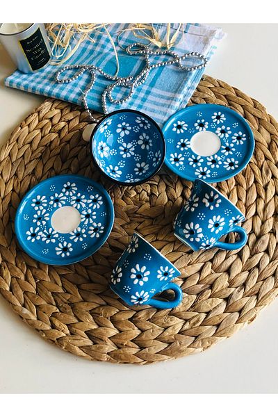 Den Tasarım Hediyelik Blue Daisy Coffee Cup Set for 2 People and Medicine Bowl