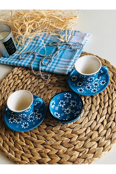 Den Tasarım Hediyelik Blue Daisy Coffee Cup Set for 2 People and Medicine Bowl