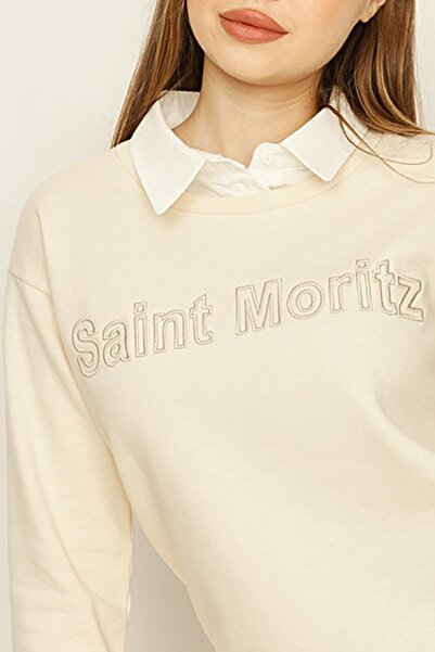 Select Moda Rochie de transpirație cu guler de cămașă crem pentru femei