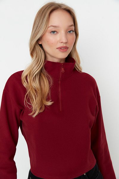 Trendyol Collection Bordeauxrotes Strick-Sweatshirt „Thessaloniki“ in Strickoptik mit Reißverschlusskragen und normaler Passform TWOAW22SW0732