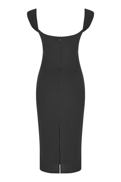 Whenever Company Siyah Düşük Kollu Göbek Ve Göğüs Halkalı Midi Boy Abiye Elbise