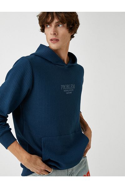 Koton Slogan Embroidered Sweatshirt Hooded with Pocket Detail