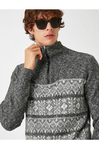 Koton Jacquard Sweater High Collar Zipper Detailed