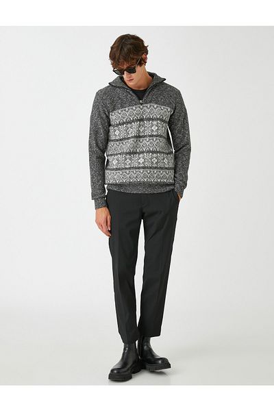 Koton Jacquard Sweater High Collar Zipper Detailed