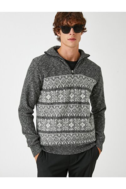 Koton Jacquard Sweater High Collar Zipper Detailed