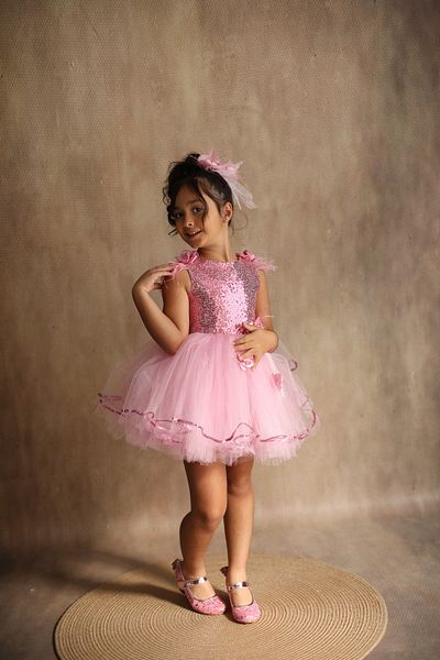 black white wedding Rochie mini tutu pentru fetiță roz cu flori și pene
