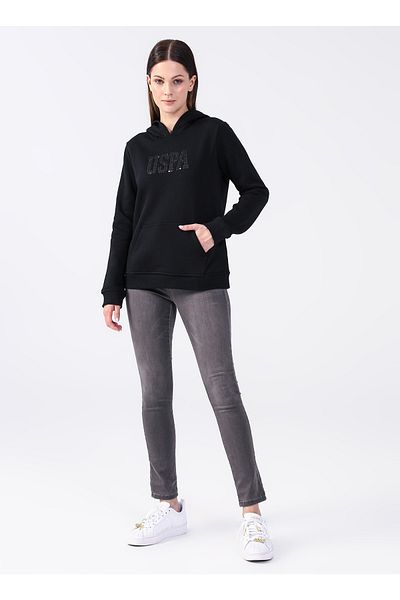 U.S. Polo Assn. Hanorac de damă negru imprimat cu guler cu glugă Gizmo-sk022