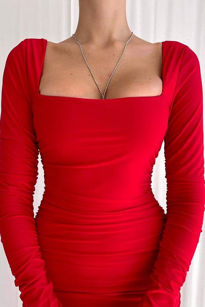 bayansepeti Lined Flexible Fabric Long Sleeve Midi Length Red Dress Red Evening Dress 145