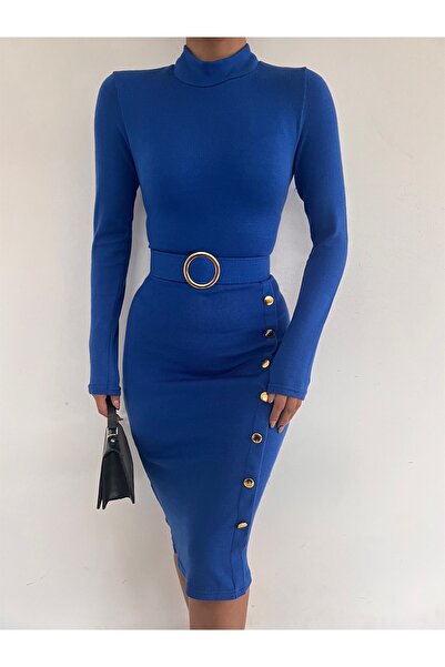 Mekafashion Eteği Patlı Düğmeli Elbise 2912 Saks Mavisi