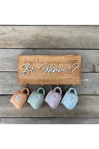 TrendTablom Fincan Askılıklı Bi Kahve Ahşap Mutfak Panosu