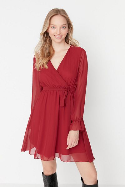 Trendyol Collection Rochie țesută la dublu piept, căptușită cu curea Bordeaux TWOAW20EL0789