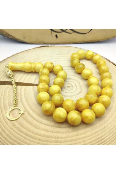 AMBERKAN Damla Kehribar 33’lük Gümüş Püsküllü Tesbih – Küre Kesim – Sarı – 15...