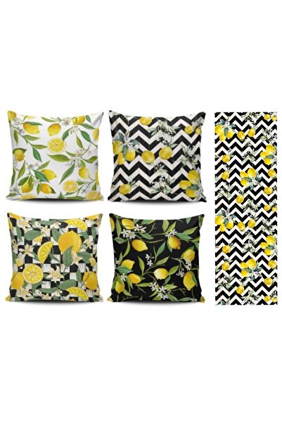 Alkan Homes غطاء وسادة رمي مكون من 4 قطع بنمط الليمون + عداء
