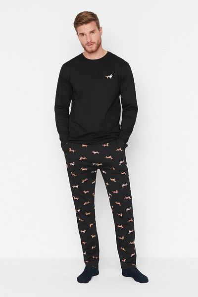 Trendyol Collection Sada černého bavlněného pyžama se zvířecím vzorem - Regular Fit TMNAW23PT00157