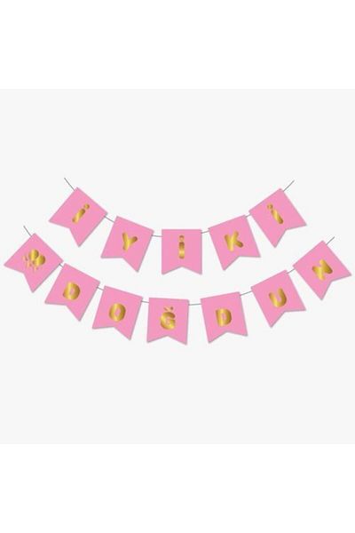 haziran shop Happy Birthday Banner Pink Gold Gilded Lettering