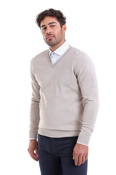 Hatemoğlu Beige Comfort Fit Plain V-Neck Woolen Sweater