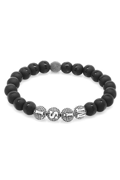 Tesbihane Onyx Metal Combination Sphere Cut Natural Stone Bracelet with Stripes in the Middle