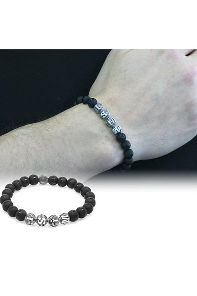 Tesbihane Onyx Metal Combination Sphere Cut Natural Stone Bracelet with Stripes in the Middle