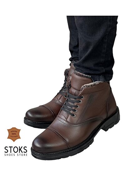 STOKS SHOES STORE Erkek Kürklü Hakiki Deri Bağcıklı Günlük Kauçuk Bot