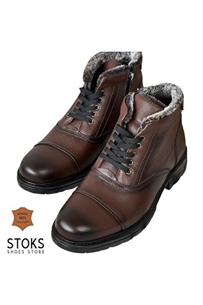 STOKS SHOES STORE Erkek Kürklü Hakiki Deri Bağcıklı Günlük Kauçuk Bot