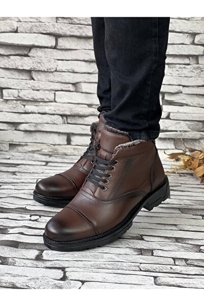 STOKS SHOES STORE Erkek Kürklü Hakiki Deri Bağcıklı Günlük Kauçuk Bot