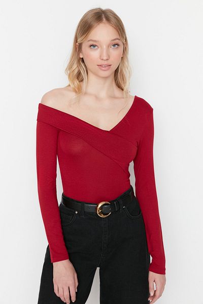Trendyol Collection Bluză tricotată cu decolteu barca roșu Claret TWOAW23BZ00748