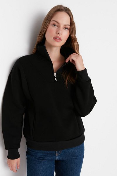 Trendyol Collection Черен плетен суитшърт с цип и яка с цип и дебел полар от вътрешната страна TWOAW23SW00708