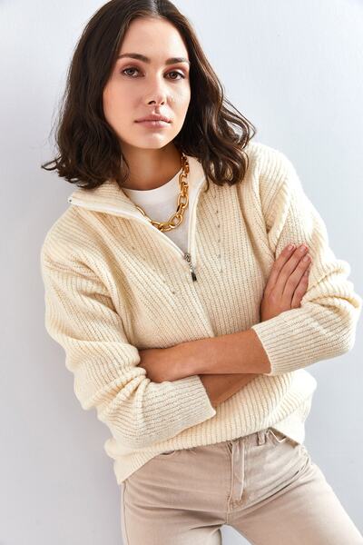 Bianco Lucci Kadın Fermuarlı Balıkçı Yaka Oversize Triko Kazak