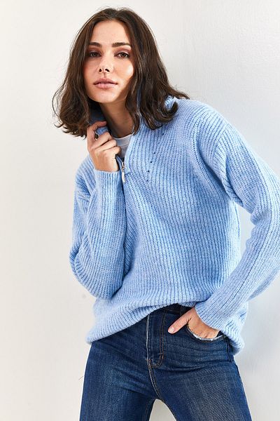 Bianco Lucci Women's Zippered Turtleneck Oversize Knitwear Sweater