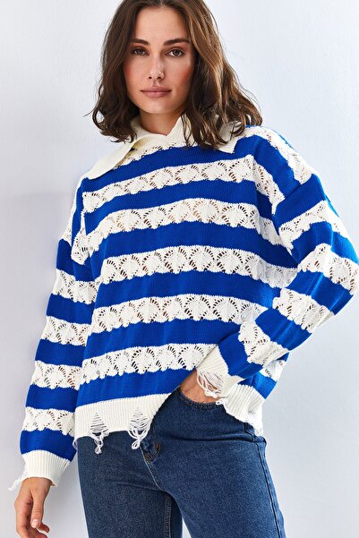 Bianco Lucci Pulover de damă din tricotaj cu model rupt cu gât polo