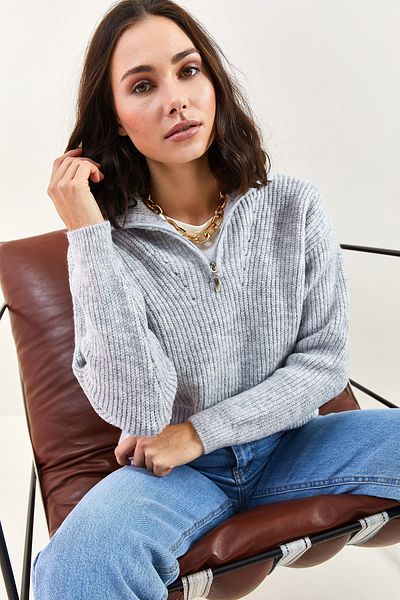 Bianco Lucci Damen-Rollkragenpullover in Übergröße mit Reißverschluss