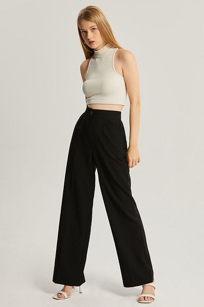 MD trend Women's Black Pleated High Waist Fabric Palazzo Pants