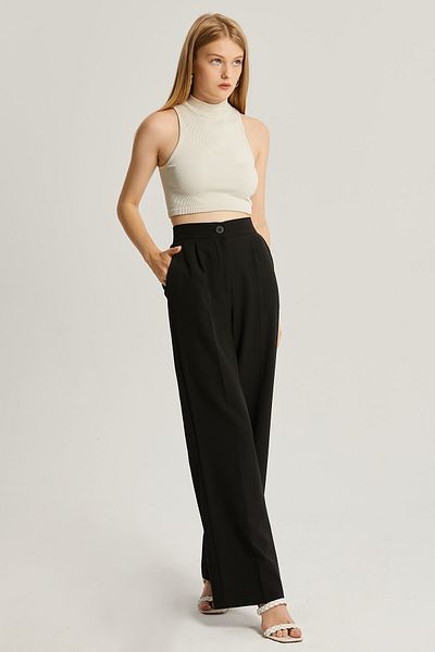 MD trend Women's Black Pleated High Waist Fabric Palazzo Pants
