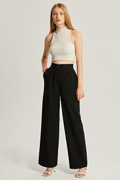 MD trend Women's Black Pleated High Waist Fabric Palazzo Pants