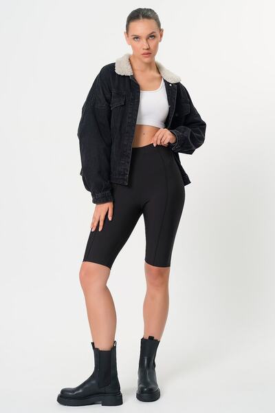 MRS.MODA Pantaloni scurți cu dungi cu talie înaltă de culoare neagră pentru femei