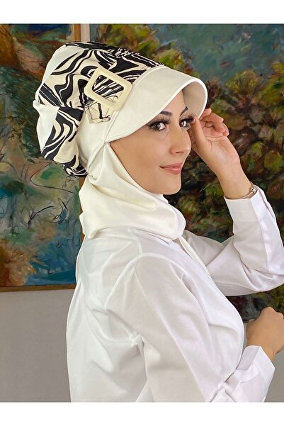 BUTİKAMBAR Parlak Zebralı Siyah Tokalı Tesettür Şapka Şal