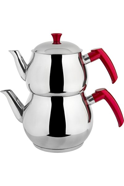 BARON Çelik Çaydanlık Mini Boy Kırmızı Sap Çift Kapaklı Aile