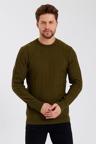 COOL TARZ Men's Khaki Striped Round Neck Knitted Thin Knitwear-trz1926r04s