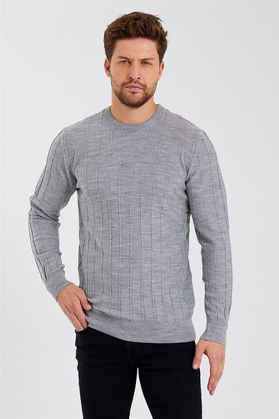 COOL TARZ Men's Gray Striped Round Neck Knitted Thin Knitwear-trz1926r02s