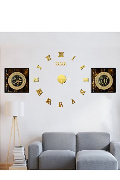 GİZEM SHOP Büyük Boy 3d Roma Gold Duvar Saati Ve Uv Tablo Set
